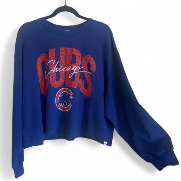 Chicago Cubs Baseball Cropped Long Sleeve Tee Shirt 47 Brand Royal Blue Apparel - Picture 3 of 10